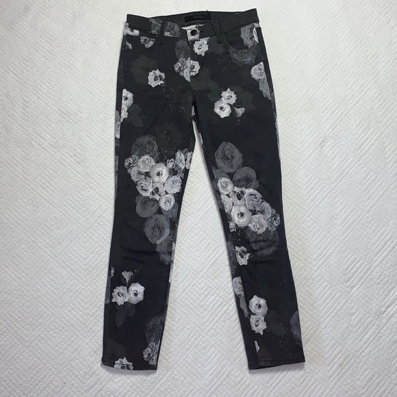 J Brand Mid Rise Cropped Skinny Jeans, Black with Gray & White Floral Design, 26 - Picture 6 of 16